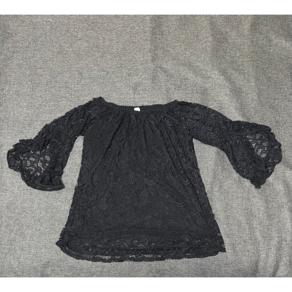 Win Win Women's L-XL Full Lace Tunic Black Off Shoulder Bell Sleeve